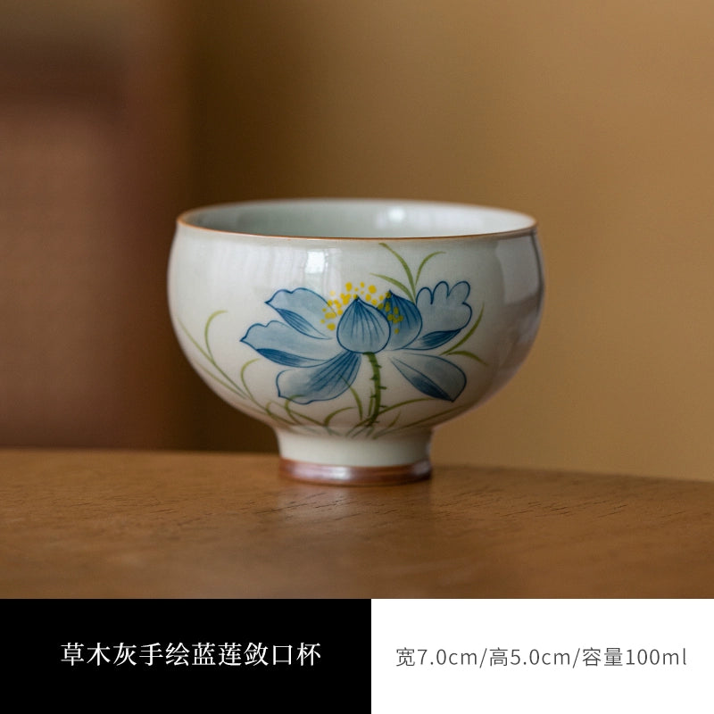 Wood Ash Glazed Hand-Painted Lotus Ceramic Teacup