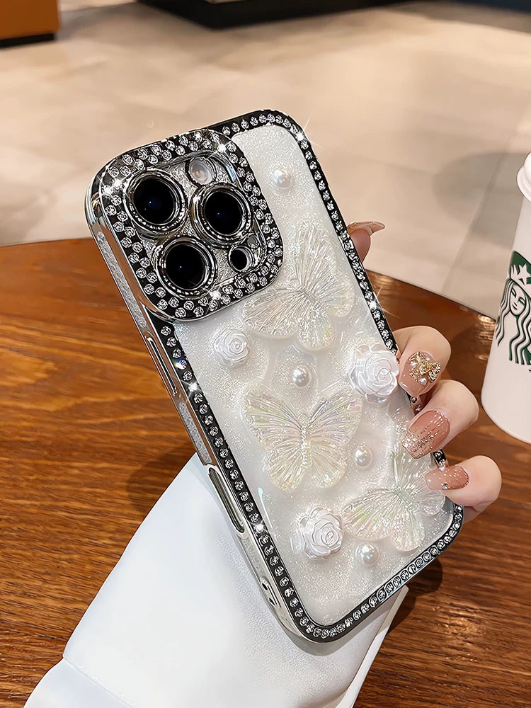 Luxury rhinestone butterfly pearl flower airbag edge phone case