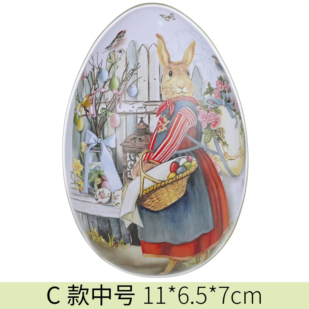 Easter tin eggshells, colorful bunnies, candy egg-shaped tin boxes