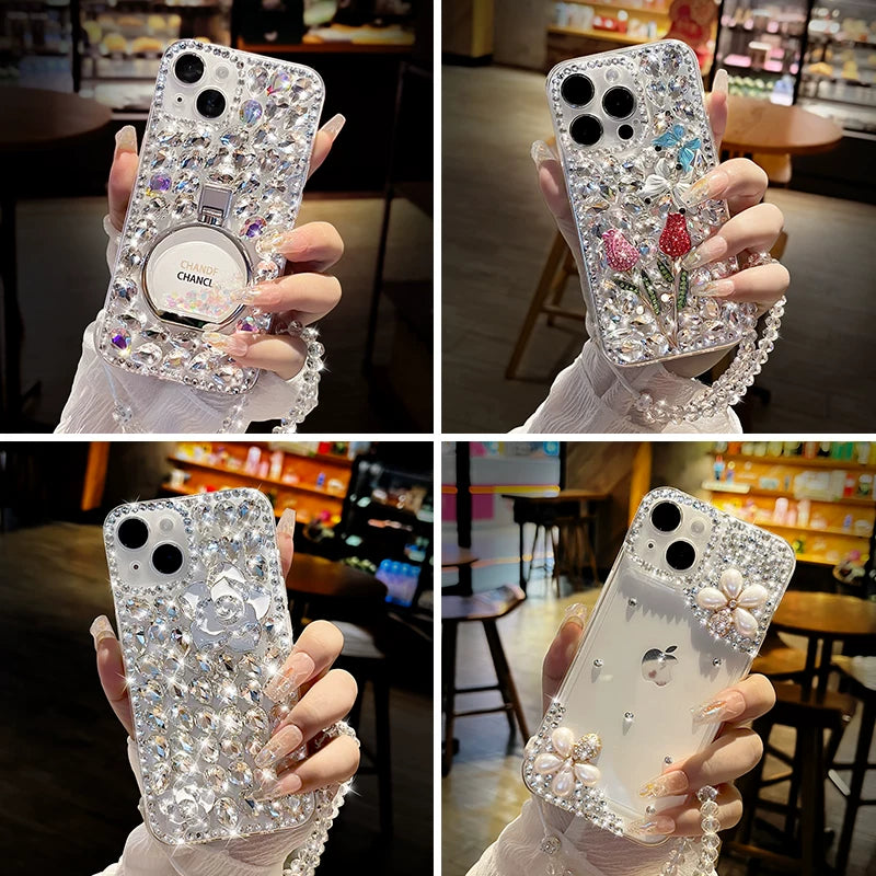 Sparkling rhinestone bow creative transparent soft phone case with lanyard