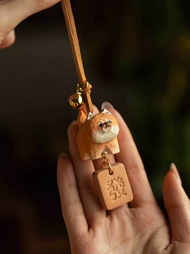 Hand-Carved Solid Wood Pet Ornament for Car