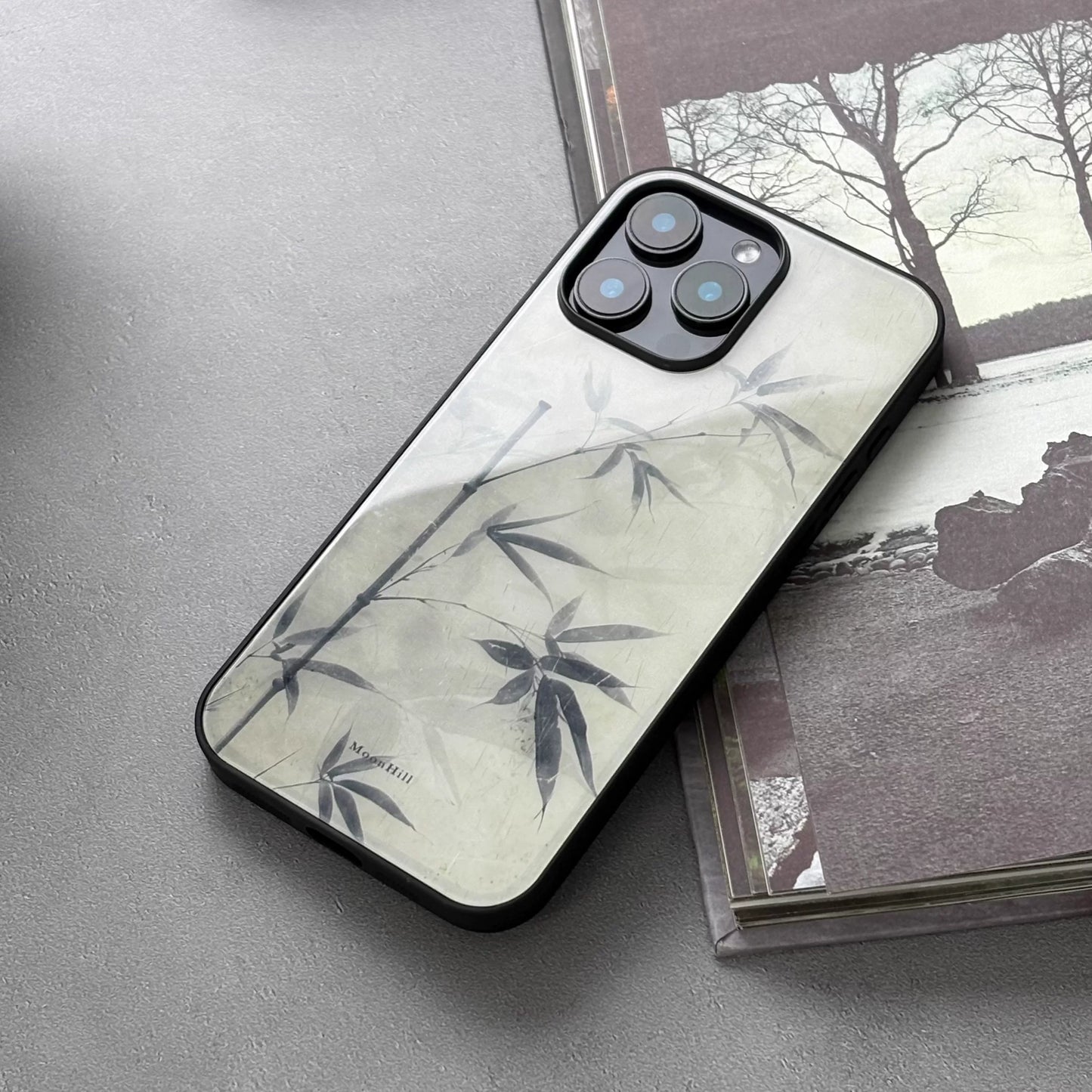 Ink painting style bamboo design anti-slip full-coverage tempered glass premium phone case