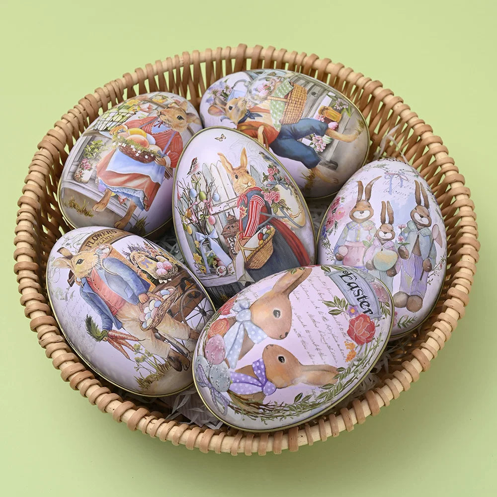 Easter tin eggshells, colorful bunnies, candy egg-shaped tin boxes