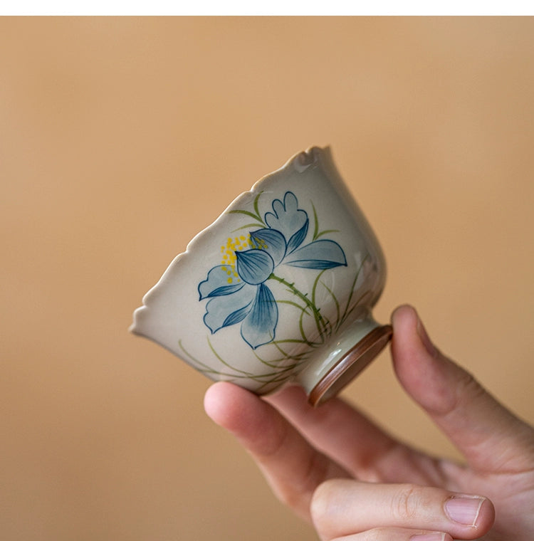 Wood Ash Glazed Hand-Painted Lotus Ceramic Teacup