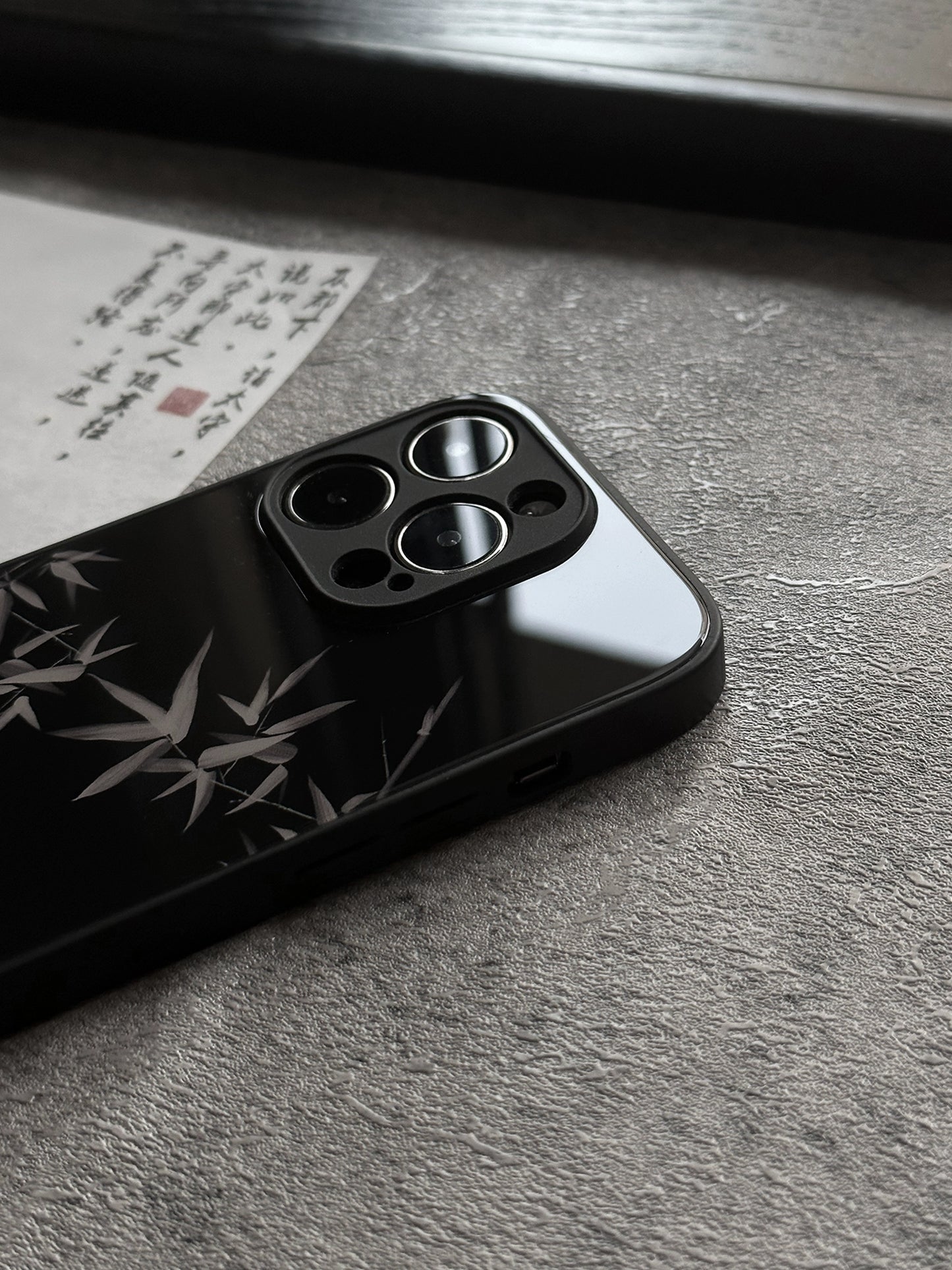 Night Studio Bamboo Leaf Black Glass Phone Case