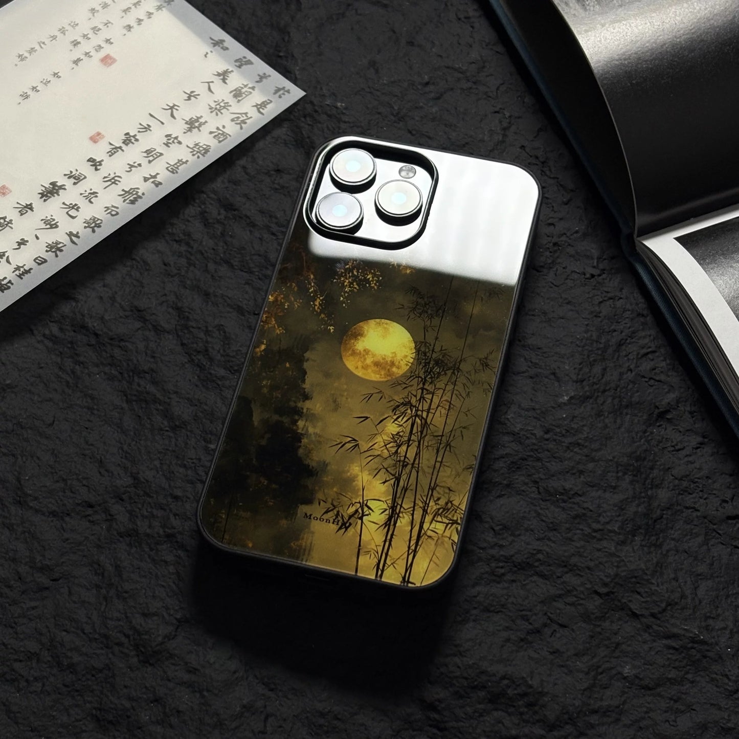Moonlit bamboo forest art design non-slip full-coverage tempered glass premium phone case
