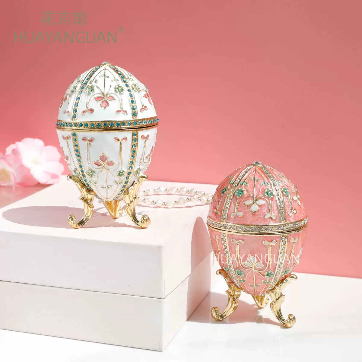 Easter European-style metal enamel painted egg jewelry box