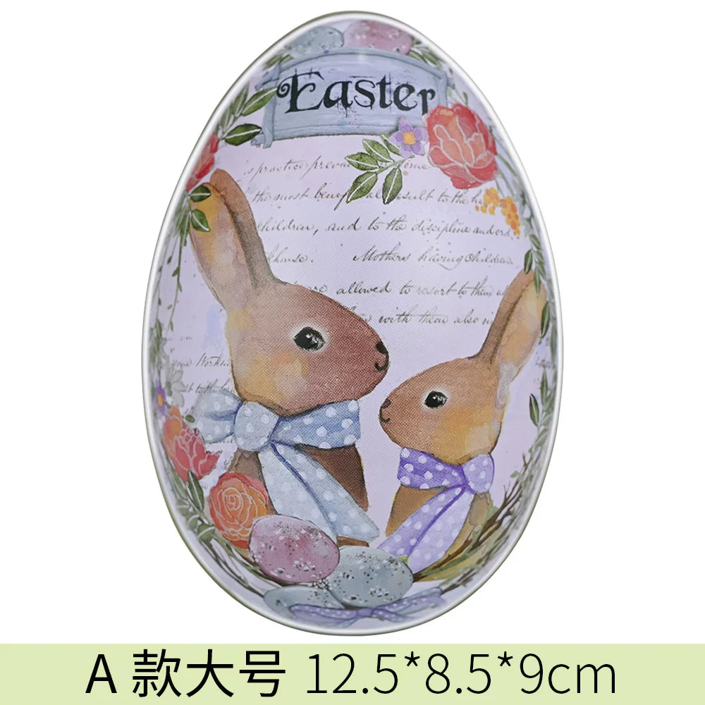 Easter tin eggshells, colorful bunnies, candy egg-shaped tin boxes