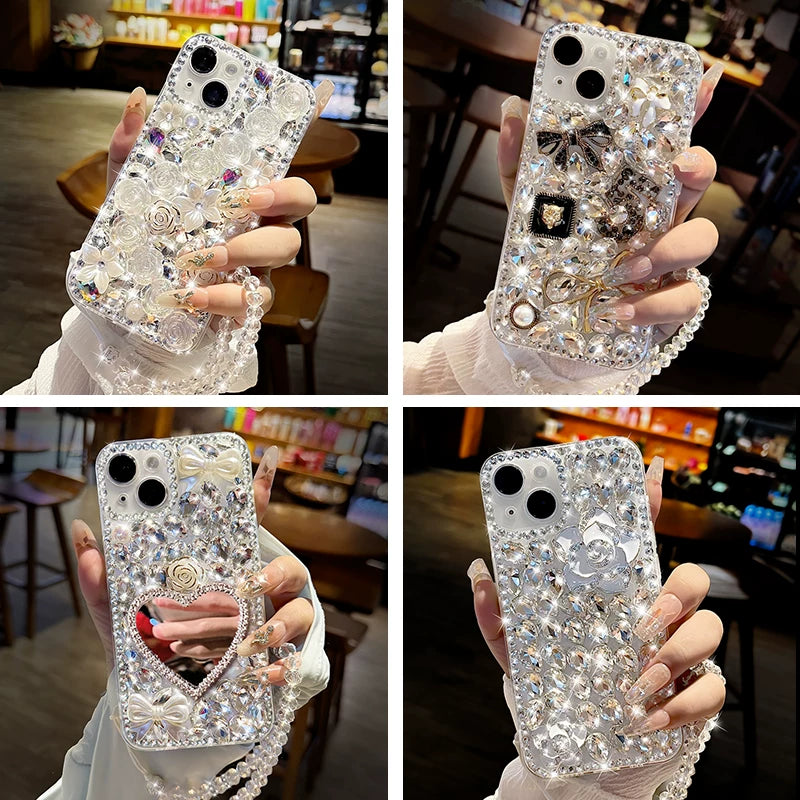 Fully diamond-encrusted rose-patterned transparent soft phone case with lanyard