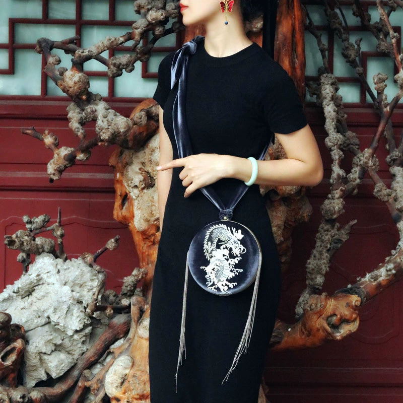 Gray velvet tassel closure bag