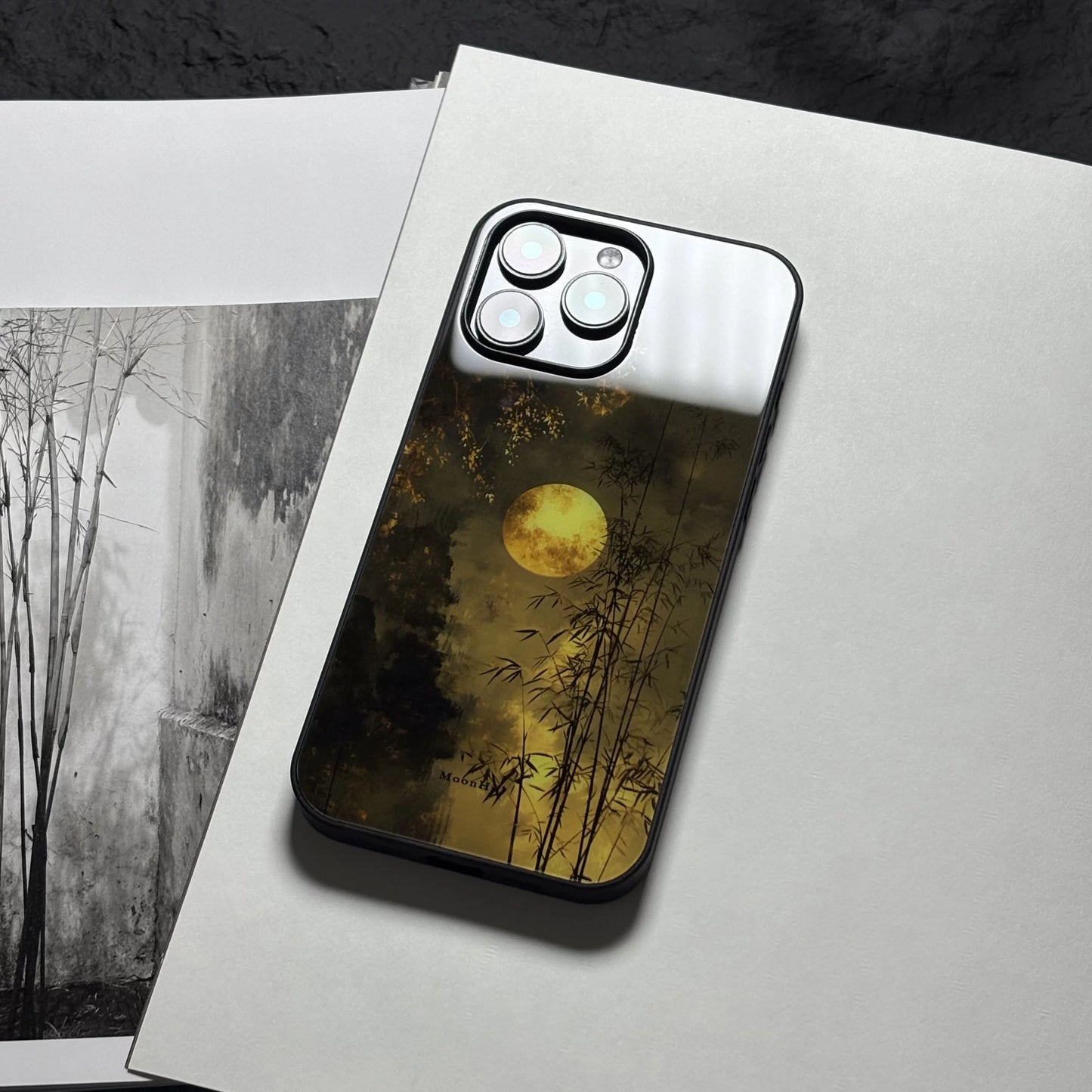 Moonlit bamboo forest art design non-slip full-coverage tempered glass premium phone case
