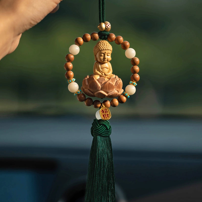 Yellow Peach Wood Baby Buddha Car Pendant