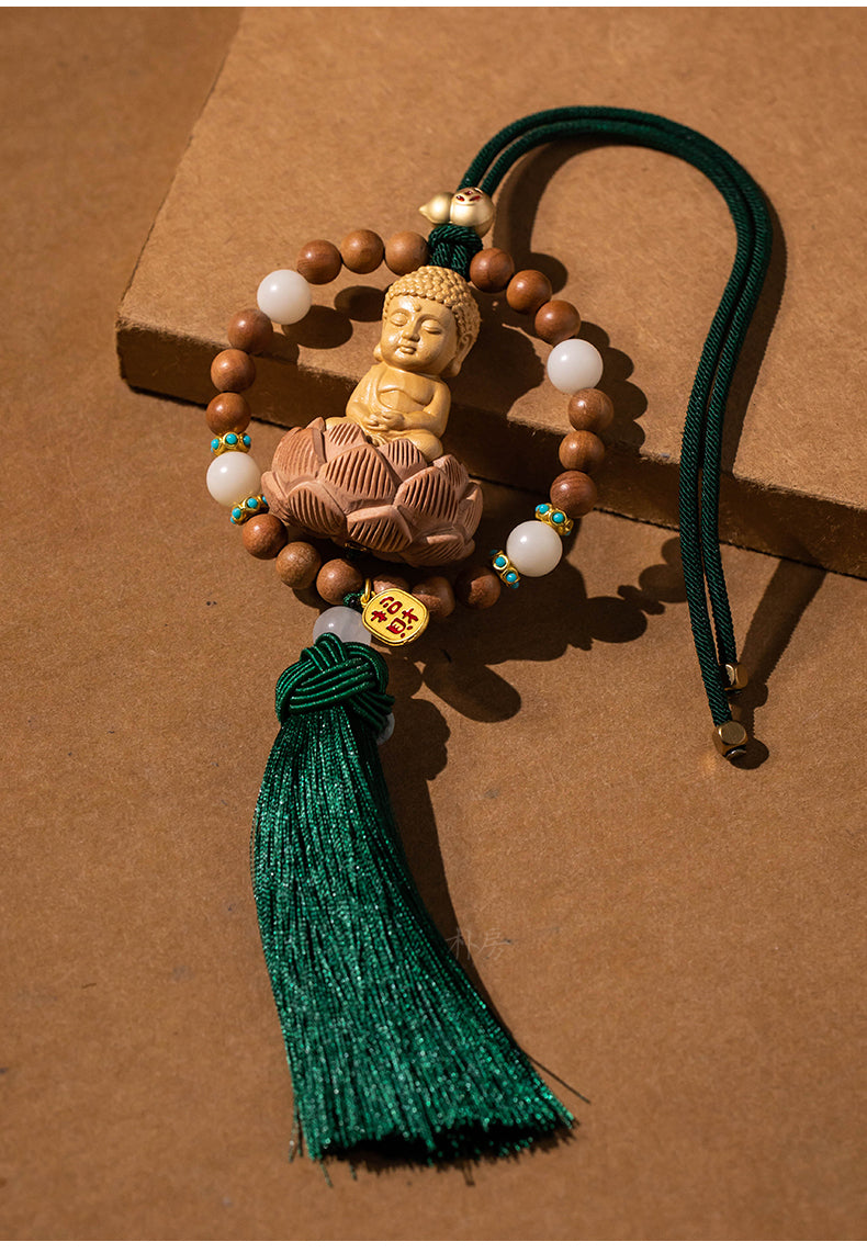 Yellow Peach Wood Baby Buddha Car Pendant