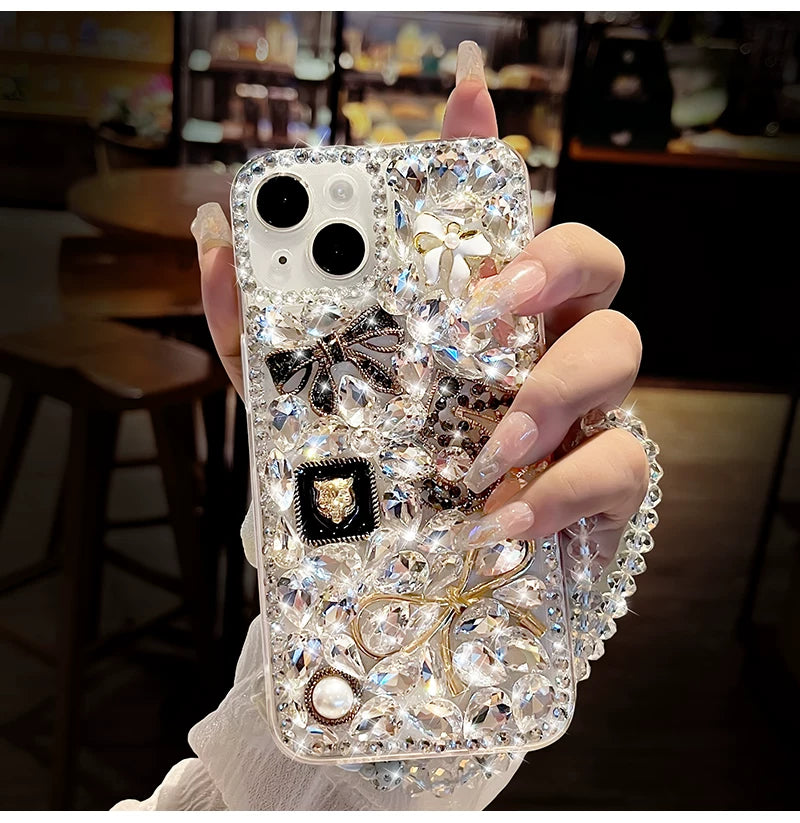 Sparkling rhinestone bow creative transparent soft phone case with lanyard