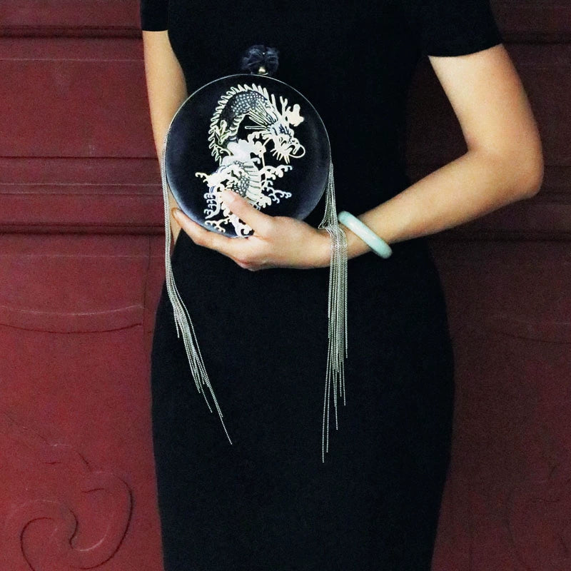 Gray velvet tassel closure bag