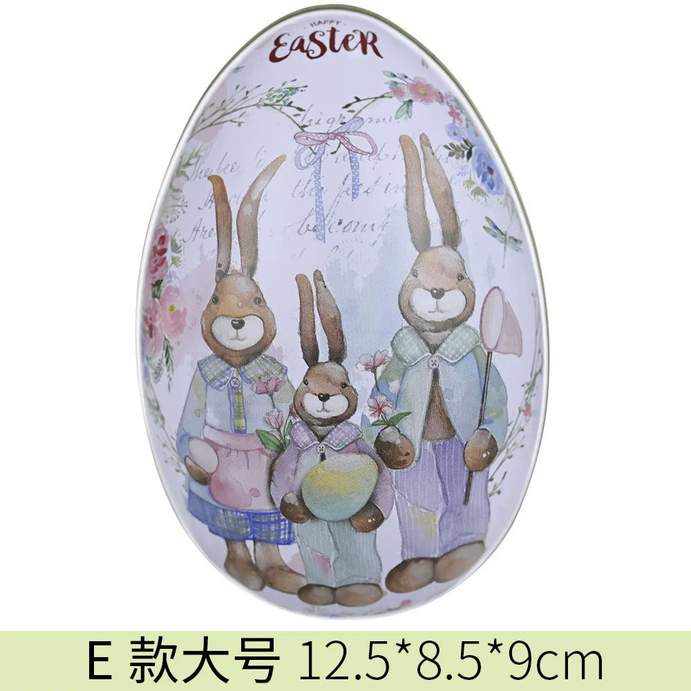 Easter tin eggshells, colorful bunnies, candy egg-shaped tin boxes