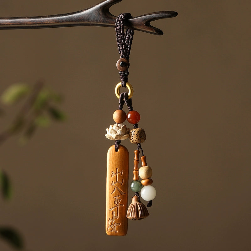 Natural Sandalwood Keychain with Blessing Words