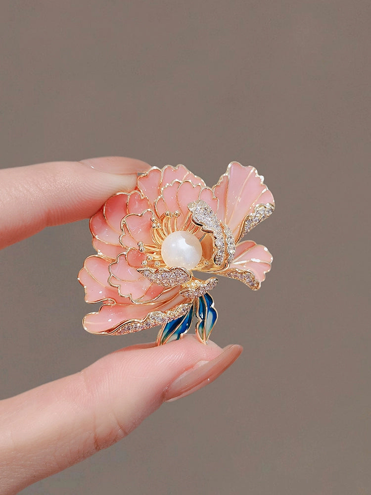 Pink peony brooch