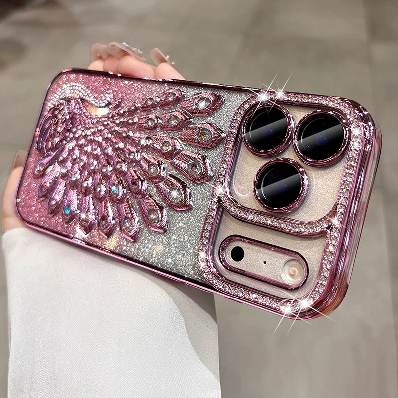 Diamond peacock glitter phone case with built-in lens protector, full coverage phone case
