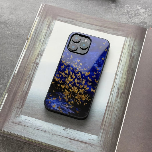Dreamy golden butterfly art design non-slip full-coverage tempered glass premium phone case