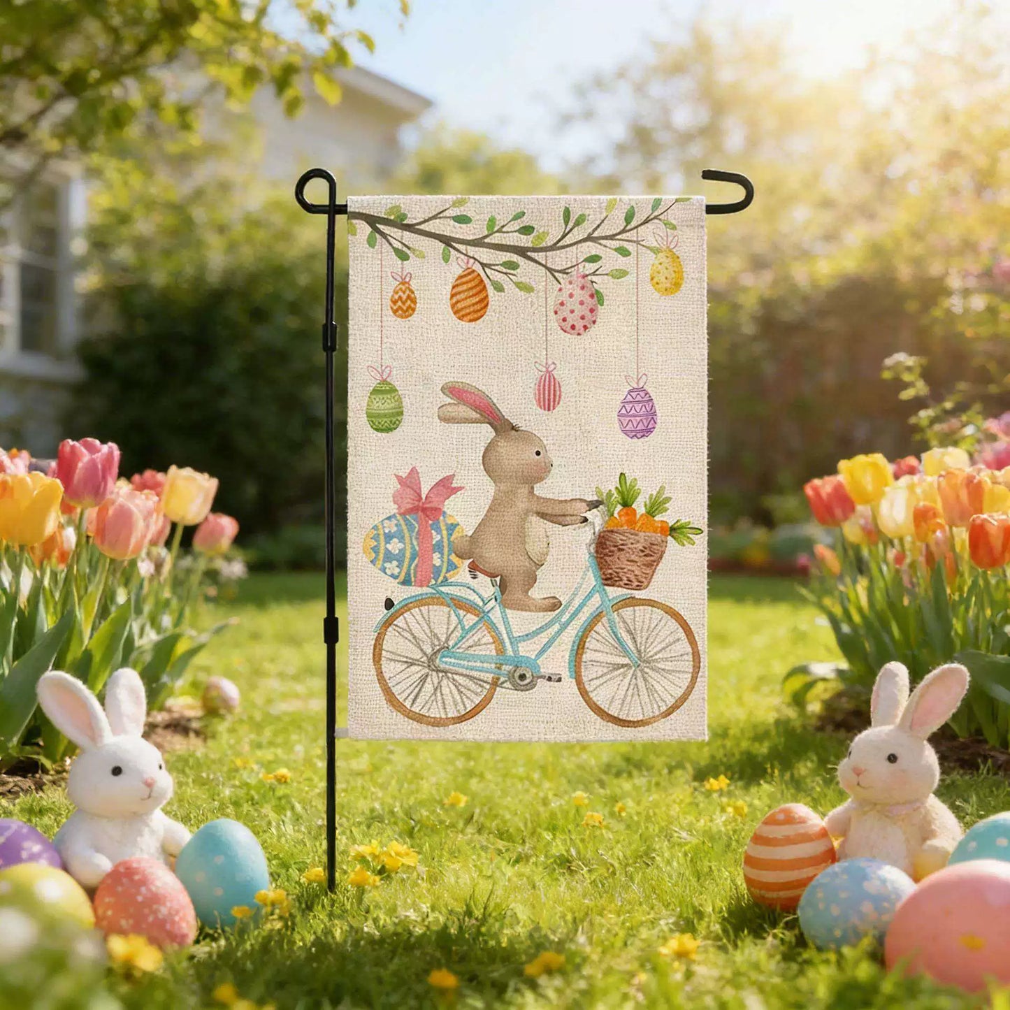 Easter Bunny Egg Double-Sided Linen Garden Flag (Flagpole Not Included) Outdoor Patio Decoration
