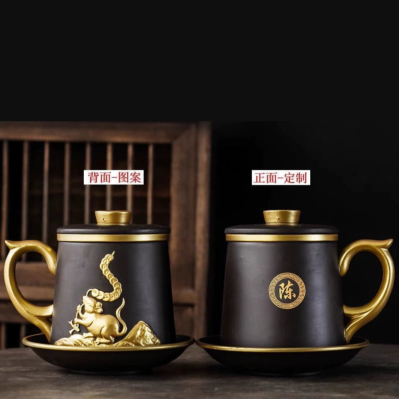 Chinese Zodiac Gilded Zisha Office Cup