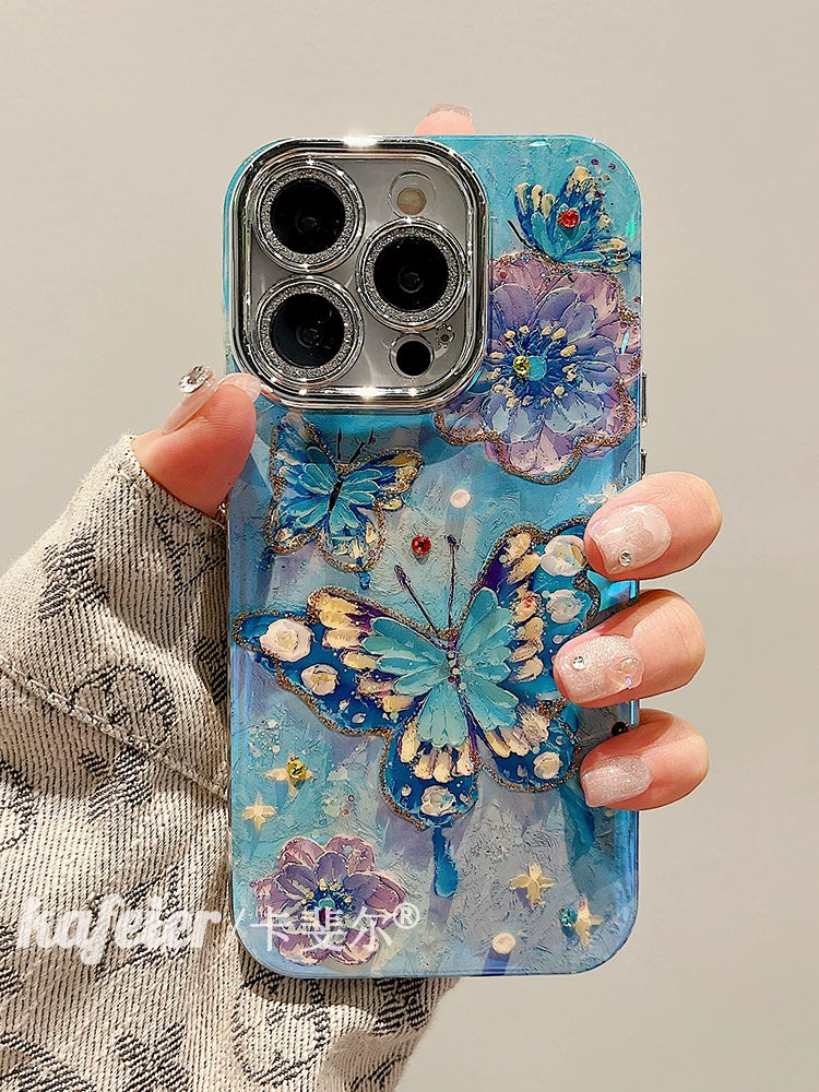 Blue oil painting butterfly and flower silicone phone case