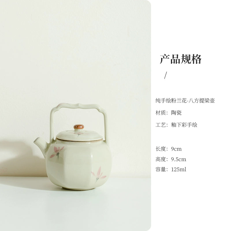 Octafoil Archaic Teapot with Hand-Painted Pink Orchids