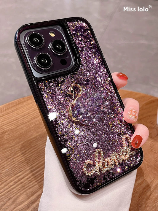 Liquid quicksand rhinestone swan glitter full-coverage shockproof phone case