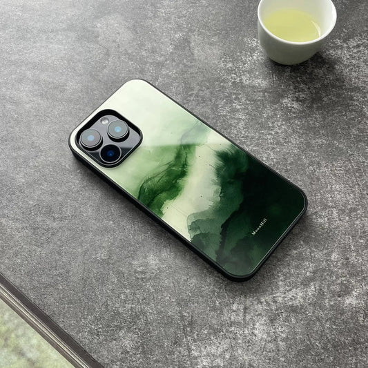 Green tree silhouette and anti-slip, full-coverage glass premium phone case