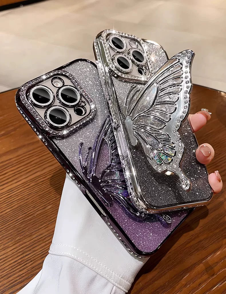 Quicksand butterfly rhinestone glitter lens film full coverage silicone phone case