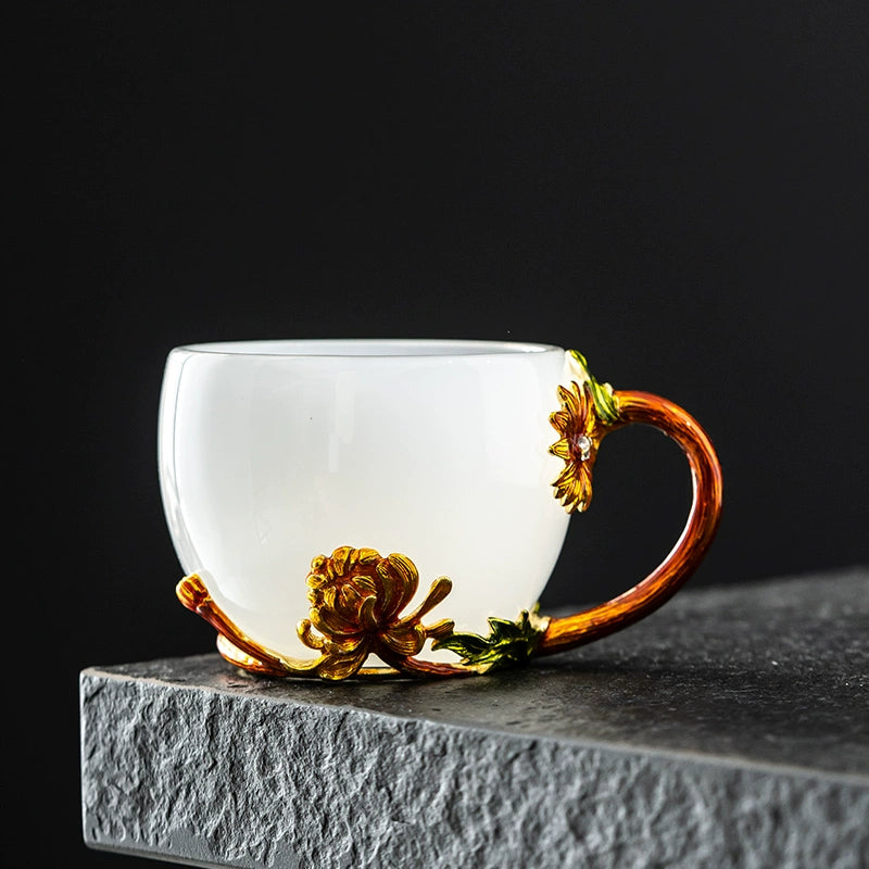 3D Embossed Floral Glass Teacup