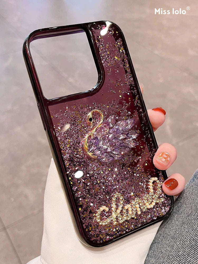 Liquid quicksand rhinestone swan glitter full-coverage shockproof phone case
