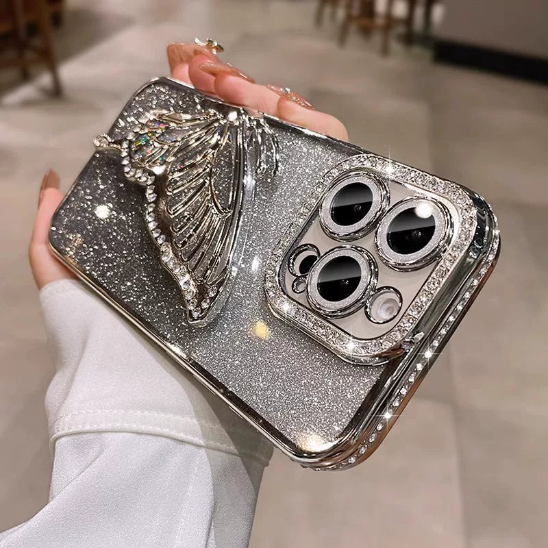 Quicksand butterfly rhinestone glitter lens film full coverage silicone phone case