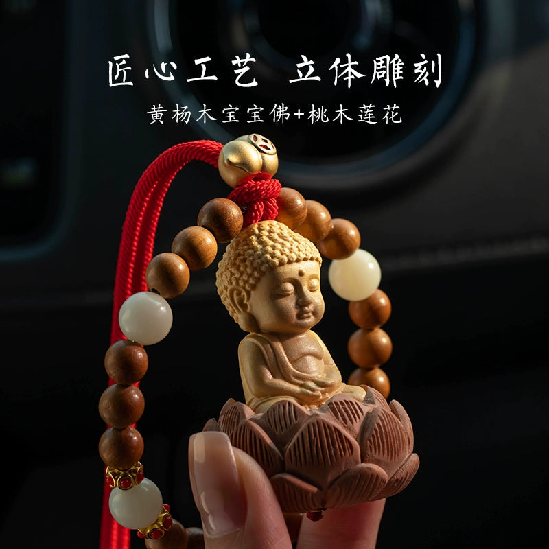 Yellow Peach Wood Baby Buddha Car Pendant