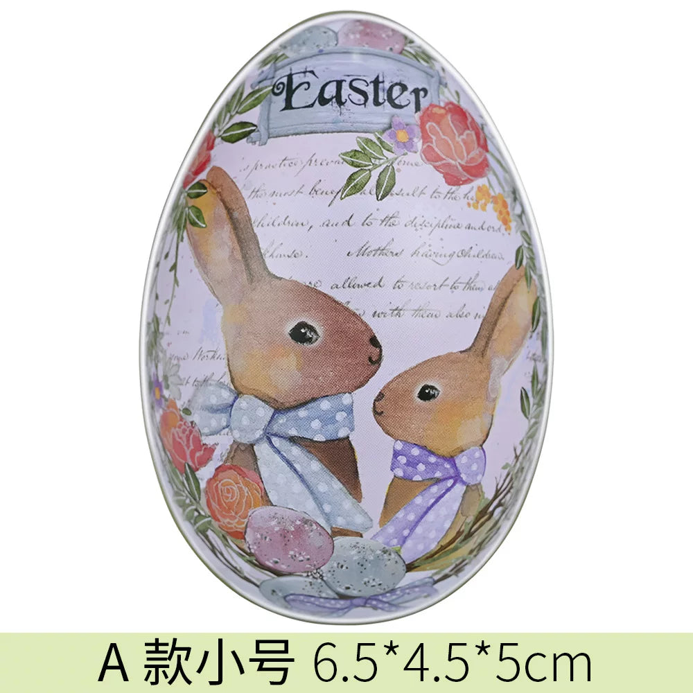 Easter tin eggshells, colorful bunnies, candy egg-shaped tin boxes
