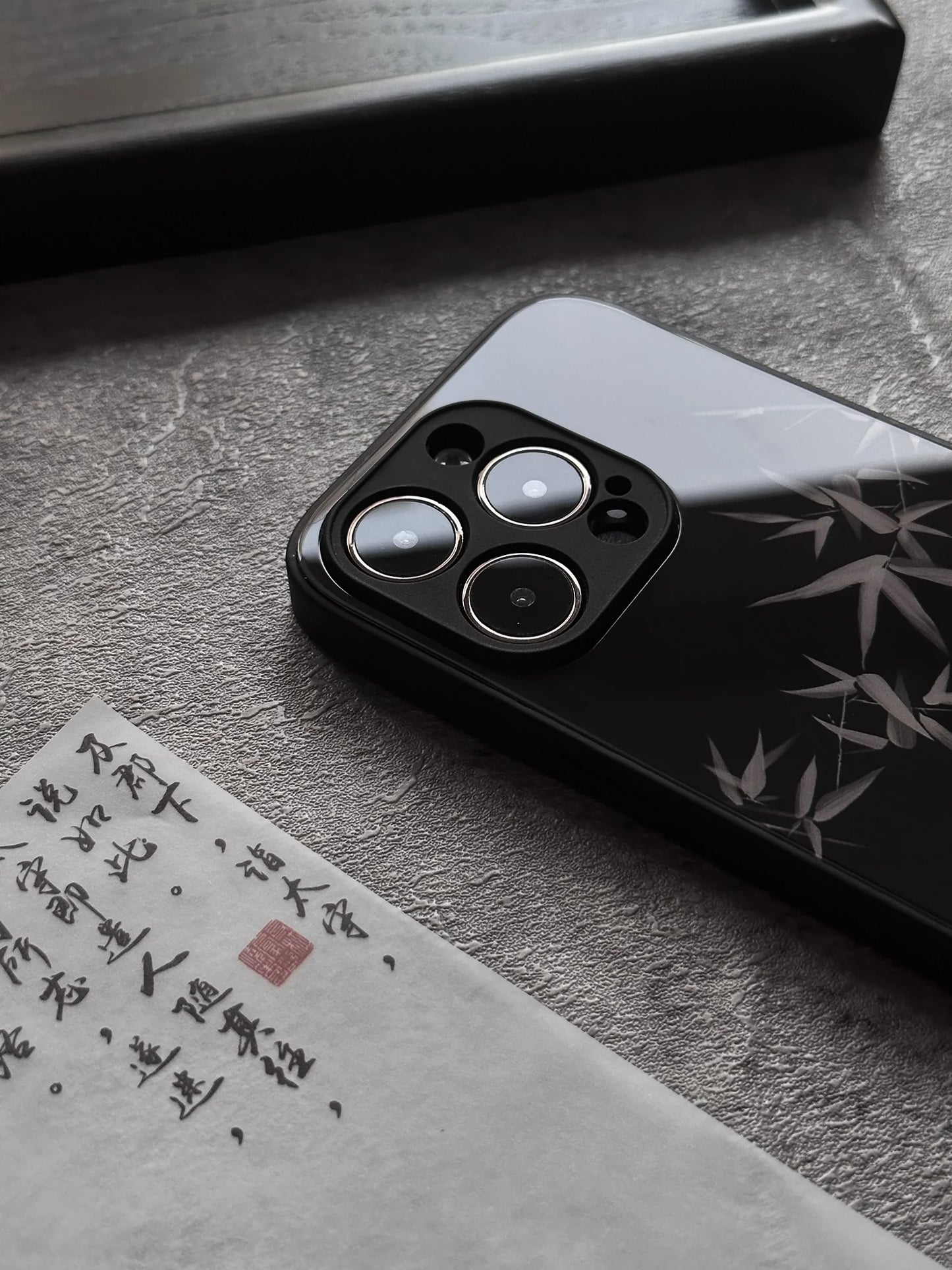Night Studio Bamboo Leaf Black Glass Phone Case