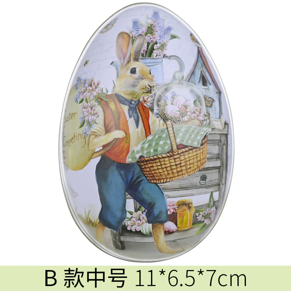 Easter tin eggshells, colorful bunnies, candy egg-shaped tin boxes