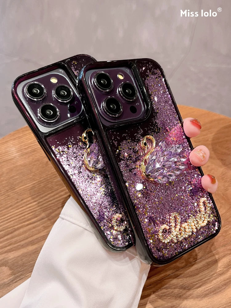 Liquid quicksand rhinestone swan glitter full-coverage shockproof phone case
