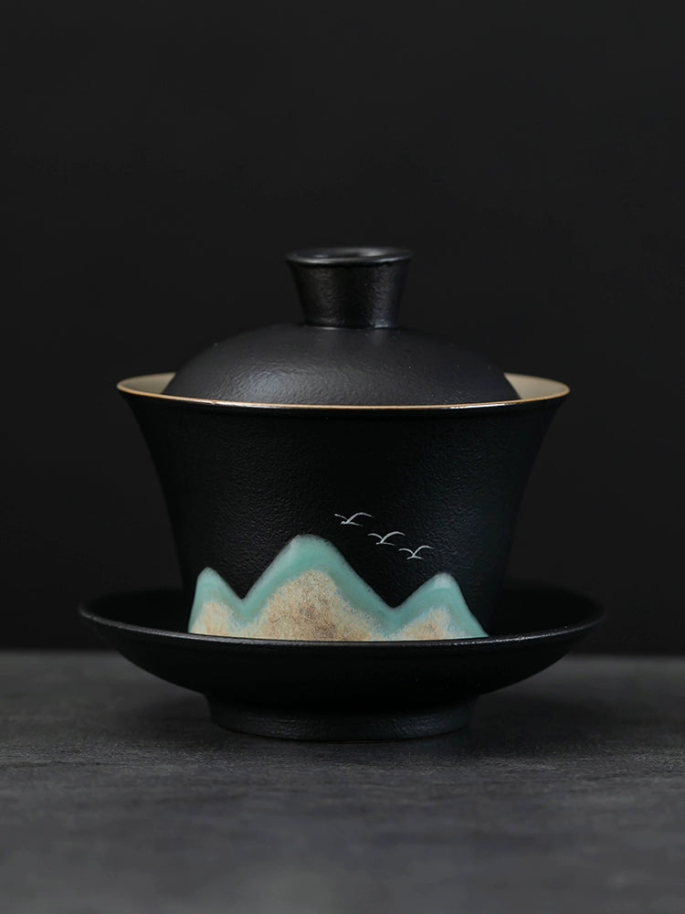 Mountain Pattern Black Clay Gaiwan