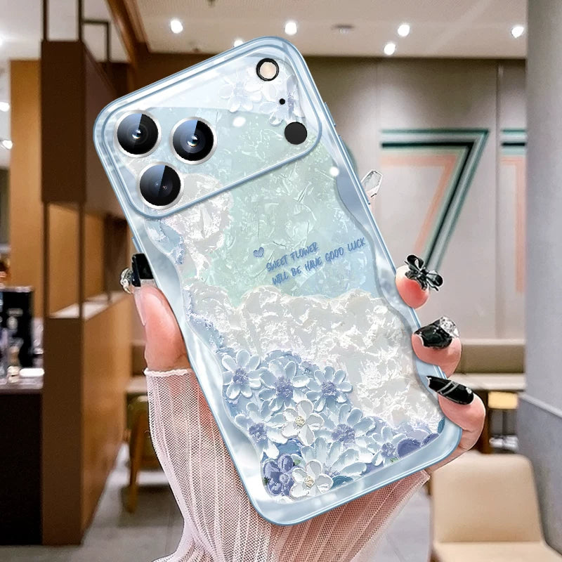 Oil painting flower cloud lens film glass light blue Apple phone case