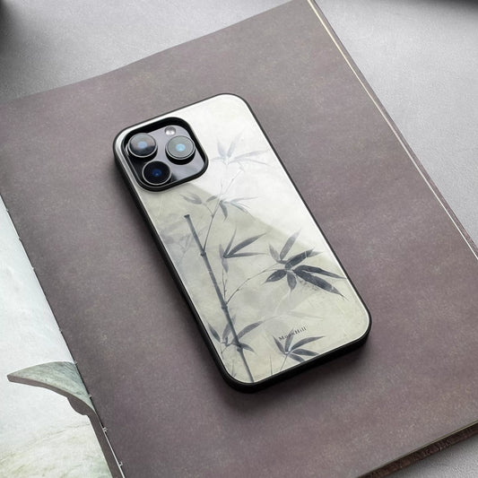Ink painting style bamboo design anti-slip full-coverage tempered glass premium phone case