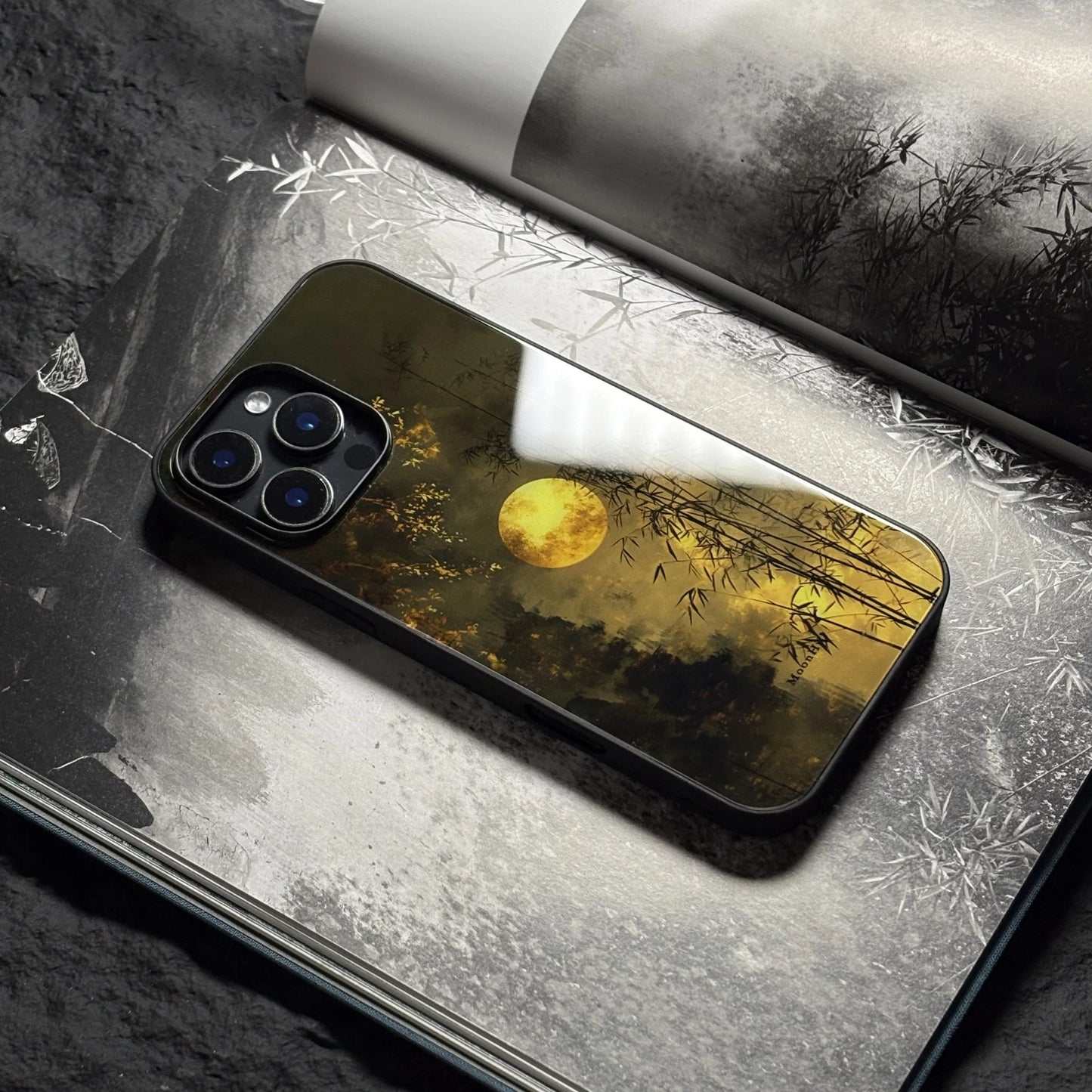 Moonlit bamboo forest art design non-slip full-coverage tempered glass premium phone case