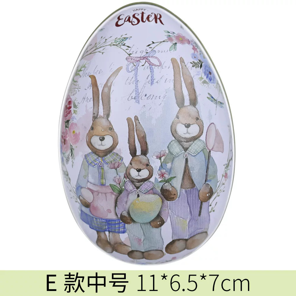Easter tin eggshells, colorful bunnies, candy egg-shaped tin boxes