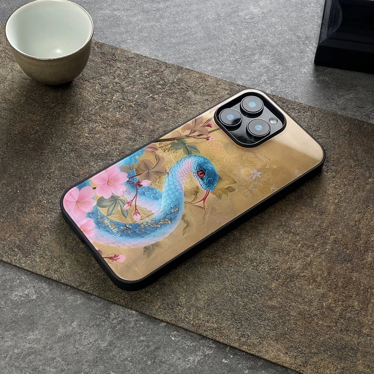 Blue Peach Blossom Snake Art Design Non-slip Full Coverage Glass Original Premium Phone Case