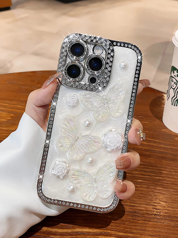 Luxury rhinestone butterfly pearl flower airbag edge phone case
