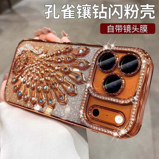 Diamond peacock glitter phone case with built-in lens protector, full coverage phone case