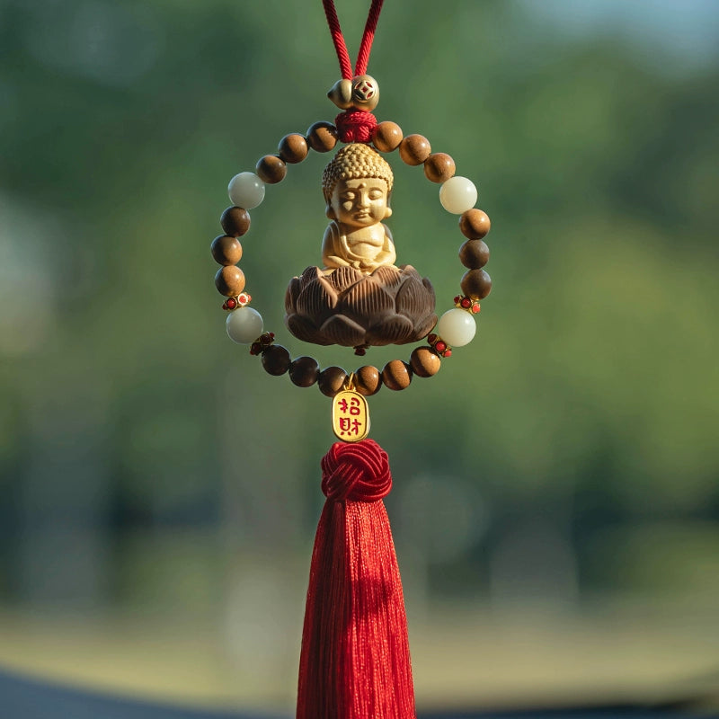 Yellow Peach Wood Baby Buddha Car Pendant