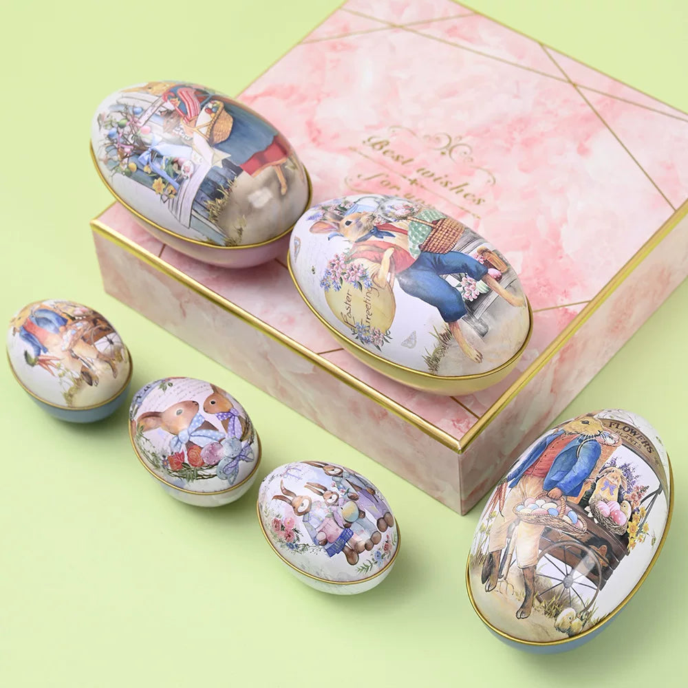 Easter tin eggshells, colorful bunnies, candy egg-shaped tin boxes