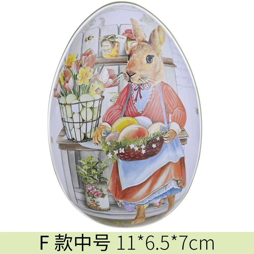 Easter tin eggshells, colorful bunnies, candy egg-shaped tin boxes